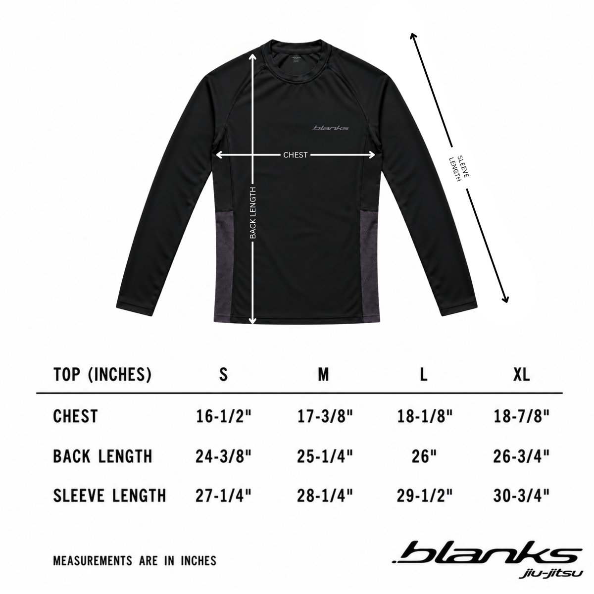 Measurement guide for Black Long Sleeve BJJ Rashguard