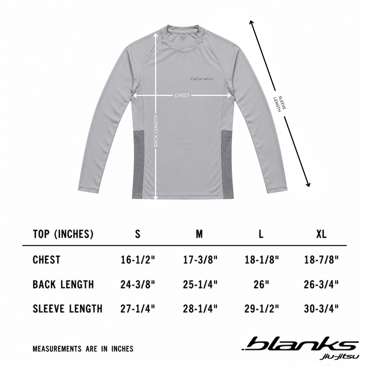 Measurement guide for Grey Long Sleeve BJJ Rashguard