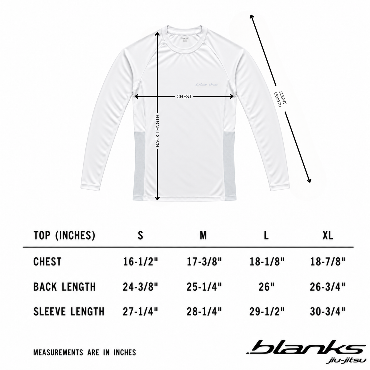 Measurement guide for White Long Sleeve BJJ Rashguard